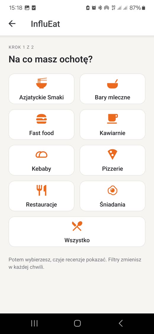 Wybór kategorii jedzenia